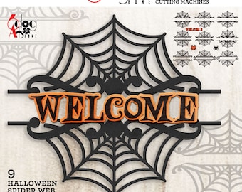 Puede incluir: Una telaraña negra con un letrero de bienvenida en naranja y negro. El letrero está en una fuente decorativa. La imagen contiene nueve diseños diferentes de telarañas. El texto en la imagen dice: SVG, DXF, EPS, PDF, PNG ARCHIVOS DIGITALES PARA MÁQUINAS DE CORTE ELECTRÓNICAS. HALLOWEEN SPIDER WEB DOOR HANGER DIGITAL TEMPLATES.