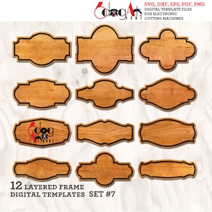 Juego de 12 plantillas de marcos en capas, 7 archivos SVG DXF digitales vectoriales para corte de vinilo, cartón y madera, GlowForge, Cricut, corte láser con cuchillo JH-70