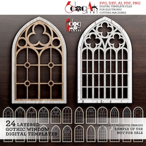 以下が含まれることがあります： 24層のゴシック窓デジタルテンプレート。画像は、ゴシック窓のデザインの2つの例を示しています。1つは明るい木の色調で、もう1つは白塗りの木の色調です。テンプレートは、電子切断機で使用するためのものです。