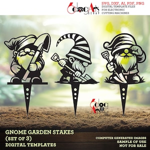 3 Gnome Pflanzenstecker Digitale Vorlagen Garten Dekor Vektor SVG DXF Dateien Gnome Metall Laserschneiden Sofortiger Download JH-518