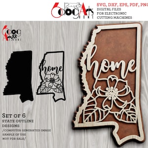 May include: A set of six digital cut files for electronic cutting machines. The files feature the state outline of Alabama with the word "home" and a floral design. The files are available in SVG, DXF, EPS, PDF, and PNG formats.