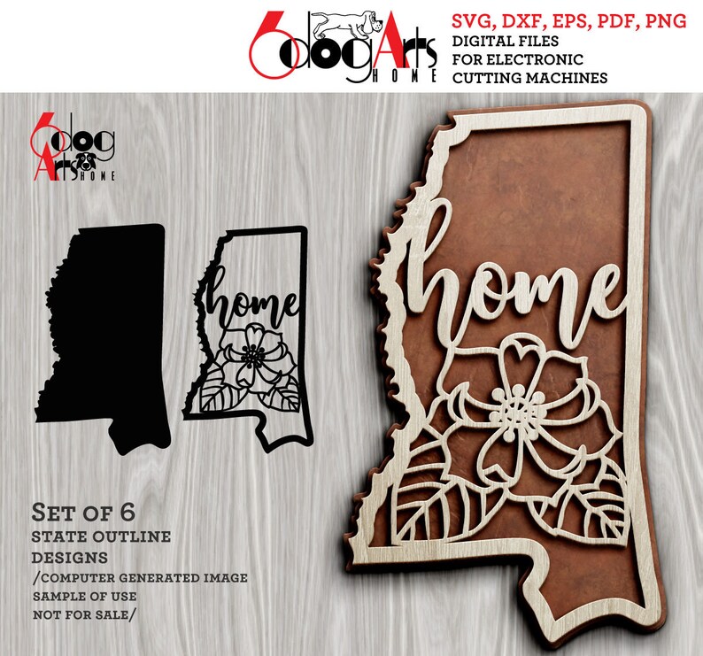 May include: A set of six digital cut files for electronic cutting machines. The files feature the state outline of Alabama with the word "home" and a floral design. The files are available in SVG, DXF, EPS, PDF, and PNG formats.