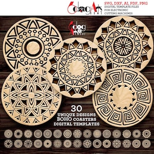 May include: A collection of five laser-cut wooden coasters with intricate geometric designs. The coasters are arranged on a dark wood surface, with a variety of patterns. The image also includes the text "30 Unique Designs Boho Coasters Digital Templates".