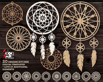 20 Dreamcatcher & 18 Tribal Feather Templates SVG DXF Digital Files Download for Laser / Cricut Cutting JH-500