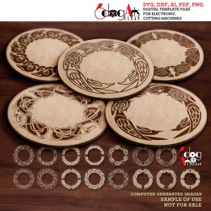 May include: A selection of laser-cut wooden coasters featuring Celtic knot and bird patterns. The coasters are oval, with a light brown finish. The image also shows smaller circular designs. Text on the image reads "SVG, DXF, AI, PDF, PNG DIGITAL TEMPLATE FILES FOR ELECTRONIC CUTTING MACHINES."