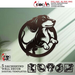 May include: Five digital templates for cutting machines featuring a dachshund dog in various poses. The designs are perfect for creating wall decor.