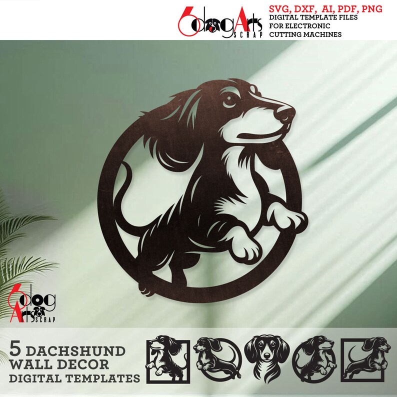 May include: Five digital templates for cutting machines featuring a dachshund dog in various poses. The designs are perfect for creating wall decor.