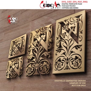 6 monogram Letter N sjablonen digitale vectorbestanden Svg Dxf downloaden Wall Decor plasmalaser GlowForge CNC houtsnijwerk gravure JH-031