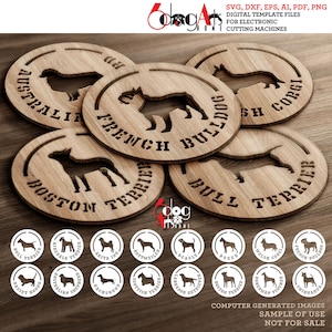 16 Dog Breed Coaster Grill Trivet Wall Decor Templates Vector Digital SVG DXF Files Download GlowForge Laser Cutting Cricut Maker JH-208a