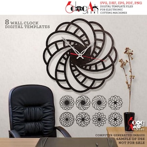 May include: Eight digital templates for a wall clock with a swirling geometric design. The clock face is black with white hands. The templates are for use with electronic cutting machines. The image shows a sample of the clock design on a wall.