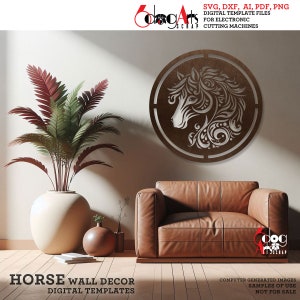 May include: A digital template for a horse wall decor. The design features a horse's head with intricate floral details inside a circular frame. The template is available in SVG, DXF, AI, PDF, and PNG formats.