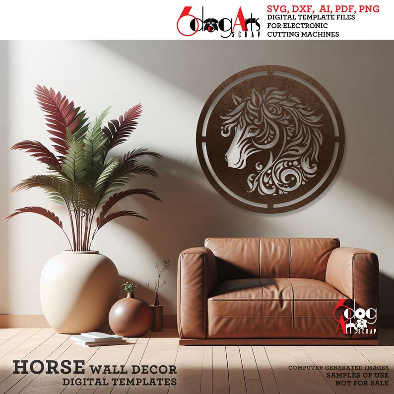 May include: A digital template for a horse wall decor. The design features a horse's head with intricate floral details inside a circular frame. The template is available in SVG, DXF, AI, PDF, and PNG formats.