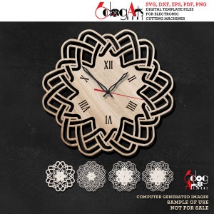 May include: A black and white clock face with Roman numerals and a decorative, intricate, black, geometric design around the clock face. The clock face is on a light brown wooden background. The image also includes three smaller versions of the clock face, each with a different design.