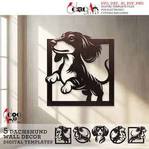 5 modelli digitali per decorazioni da parete con bassotti, file SVG e DXF, download immediato, Laser Glow Forge, router CNC, Cricut, taglio carta e metallo JH-539