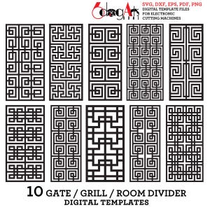 10 plantillas de divisores de ambientes con rejas de llave griega (archivos digitales SVG y DXF) para corte láser, Cricut, Glow Forge, plasma y CNC JB-1788