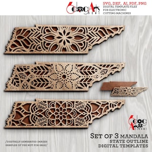 3 Tennessee State overzicht mandala wanddecoratie gelaagde sjablonen Vector digitale SVG DXF-bestanden GlowForge lasersnijden Cricut downloaden JH-55n