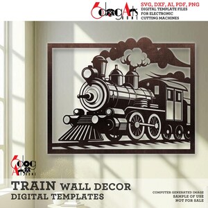 May include: A brown framed wall decor featuring a detailed black and white illustration of a vintage steam train. The image includes the text "TRAIN WALL DECOR DIGITAL TEMPLATES". The design is suitable for electronic cutting machines.