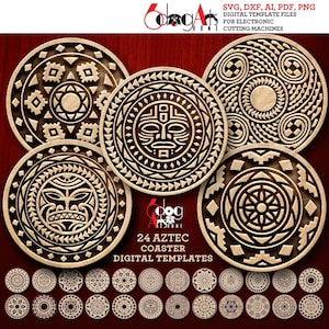 Puede incluir: 24 plantillas digitales para cortar con láser posavasos con diseños aztecas. Los diseños son intrincados y detallados, con patrones geométricos y rostros estilizados. Las plantillas están disponibles en formatos SVG, DXF, AI, PDF y PNG.