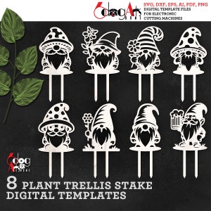 May include: Eight digital templates for plant trellis stakes featuring a gnome design. The gnomes are in various poses, including holding a flower, a beer mug, and wearing a mushroom hat.