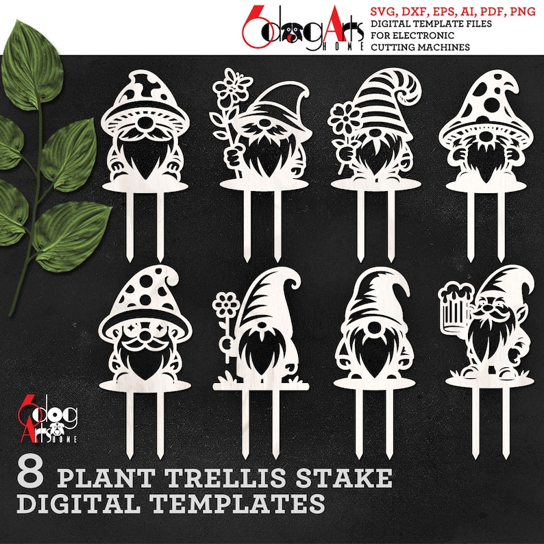 May include: Eight digital templates for plant trellis stakes featuring a gnome design. The gnomes are in various poses, including holding a flower, a beer mug, and wearing a mushroom hat.