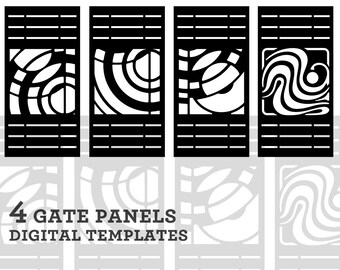 Può includere: Quattro modelli digitali di pannelli per cancelli in bianco e nero con disegni geometrici. I disegni includono cerchi, vortici e linee. Il testo "4 GATE PANELS DIGITAL TEMPLATES" è nella parte inferiore dell'immagine.