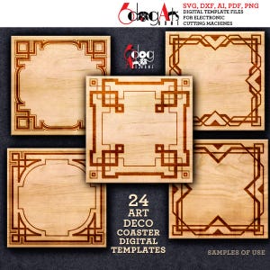 Peut inclure: Six dessous de verre carrés en bois avec des motifs Art Déco. Les dessous de verre sont brun clair avec des motifs gravés brun foncé. Le texte sur l'image indique "24 Art Deco Coaster Digital Templates" et "SVG, DXF, AI, PDF, PNG".