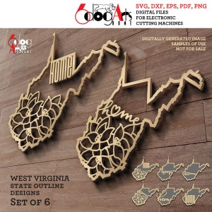 May include: A set of six West Virginia state outline designs, featuring a floral pattern and the word "home". The designs are in a gold color and are perfect for crafting projects.