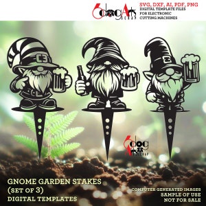 3 plantillas digitales de estacas para plantas de jardín con gnomos de cerveza irlandeses, archivos SVG y DXF para decoración de jardín, corte por láser de metal GlowForge, descarga JH-515