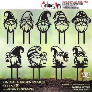 9x Gnome Garten Pflanzenstecker Digitale Vorlagen Vektor SVG DXF-Dateien GlowForge Holz Metall Laser Schneiden Sofort-Download JH-462