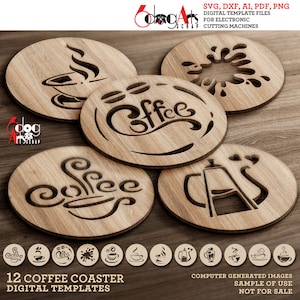 12x sottobicchieri rotondi per caffè e tè sottopentola modelli di decorazioni da parete vettoriali file SVG DXF digitali da scaricare taglio laser GlowForge Cricut Maker JH-426