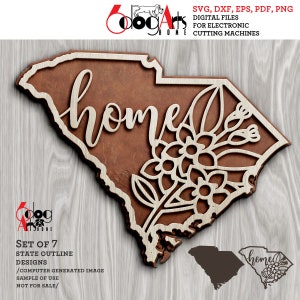 7 South Carolina State Outline Home Wall Decor Layered Templates Vector Digital SVG DXF Files GlowForge Laser Cutting Cricut Download JH-289