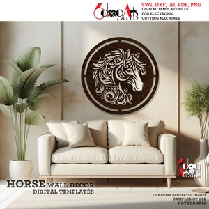 May include: A digital template for a horse head wall decor. The design features a detailed, intricate floral pattern around the horse's head. The template is available in SVG, DXF, AI, PDF, and PNG formats.