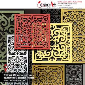 Puede incluir: Conjunto de 21 plantillas digitales para separadores de ambientes, particiones, pantallas y rejillas. Los diseños presentan intrincados patrones geométricos en rojo, amarillo, blanco y negro.