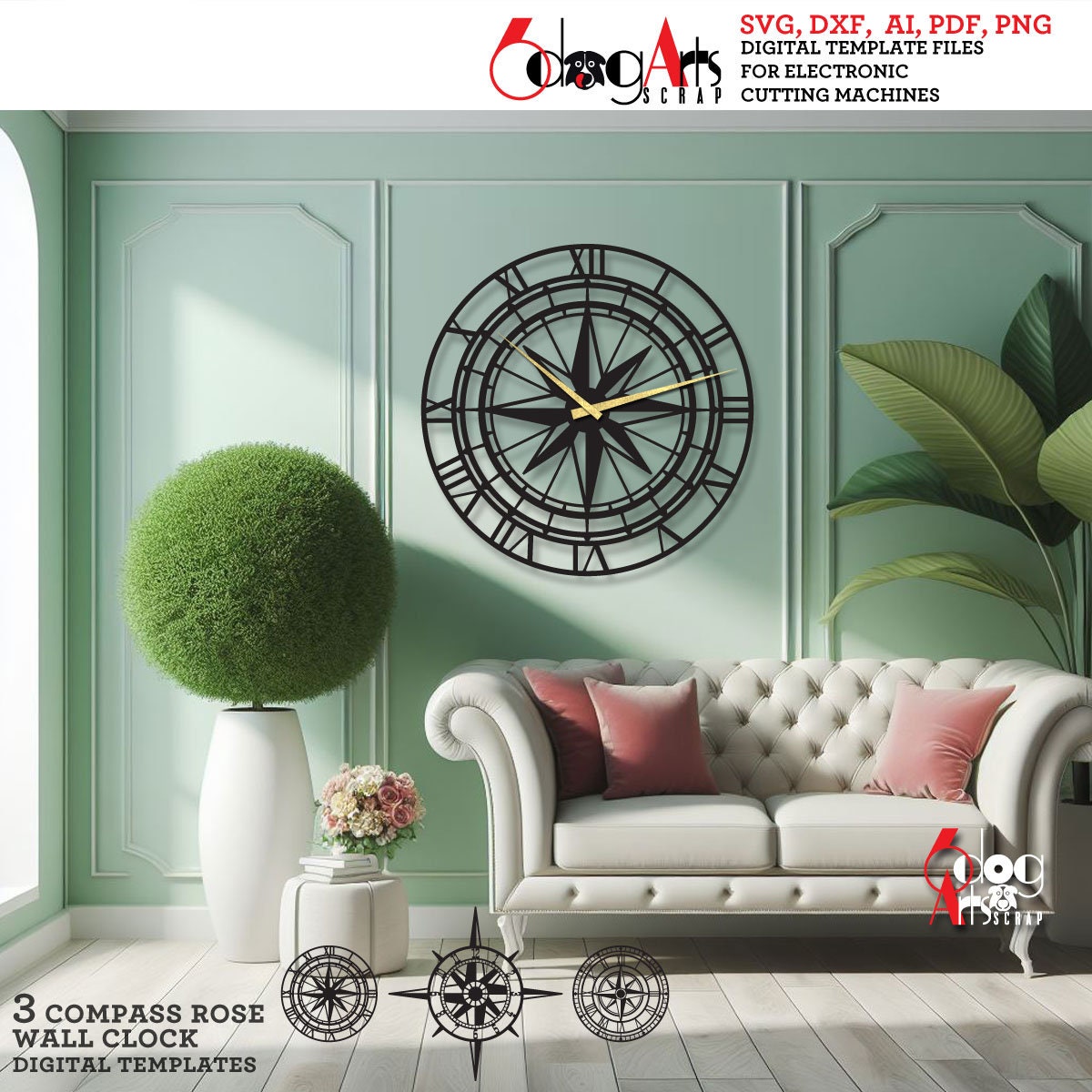 3x Compass Rose Wall Clock SVG DXF Templates Digital Vector Files ...