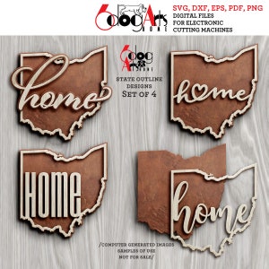 4 plantillas de decoración de pared para el hogar con el esquema del estado de Ohio (archivos vectoriales SVG y DXF digitales, GlowForge, corte láser, Cricut, descarga JH-80)