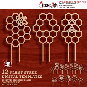 May include: Twelve digital templates for plant stakes featuring a honeycomb design with a bee. The stakes are made for electronic cutting machines. The image shows samples of the designs, which are not for sale.