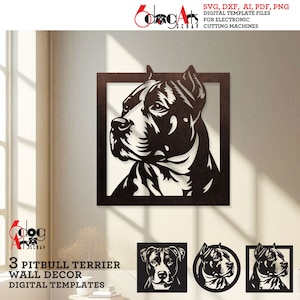 3 Pitbull Terrier Hund Wand Dekor Digitale Vorlagen SVG DXF Dateien Sofortiger Download Laser Glow Forge cnc Cricut Metall Papierschnitt JH-542