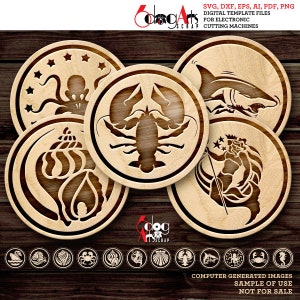 May include: Six wooden coasters with different sea life designs, including an octopus, lobster, seashell, mermaid, shark, and a starfish. The coasters are round and have a light brown wood grain. The text "Coleng Arts Scrap" is in the top left corner of the image. The text "COMPUTER GENERATED IMAGES SAMPLE OF USE NOT FOR SALE" is at the bottom of the image.