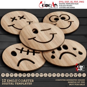 Puede incluir: Doce plantillas digitales para cortar con láser posavasos con diferentes caras de emoji. Los posavasos son de madera y tienen un color marrón natural. Las caras de emoji incluyen una cara sonriente guiñando un ojo, una cara sonriente con los ojos cruzados, una cara triste con lágrimas, una cara frunciendo el ceño con puntadas y una cara sonriente con la lengua afuera.