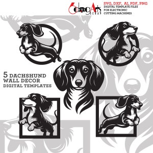 May include: Five black and white digital templates of Dachshund dogs in various poses. The templates are suitable for use with electronic cutting machines.  SVG, DXF, AI, PDF, PNG.