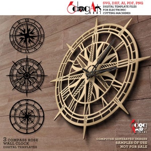 May include: Three black and white compass rose designs with Roman numerals and a black clock face with Roman numerals and black hands on a wood background.  The text "3 Compass Rose Wall Clock Digital Templates" is at the bottom left of the image. The text "SVG, DXF, AI, PDF, PNG Digital Template Files for Electronic Cutting Machines" is at the top right of the image.