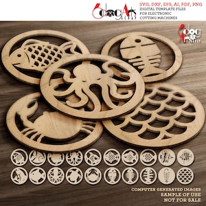 20 Sea World Coaster onderzetter muur decor sjablonen Vector digitale SVG DXF-bestanden downloaden lasersnijden GlowForge Cricut Maker JH-298