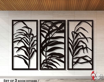May include: Set of three black metal room divider panels with a leafy design. The panels are mounted on a white wall. The text "SET OF 3 ROOM DIVIDER / PARTITION / SCREEN / GRILL / GATE DIGITAL TEMPLATES" is at the bottom of the image.
