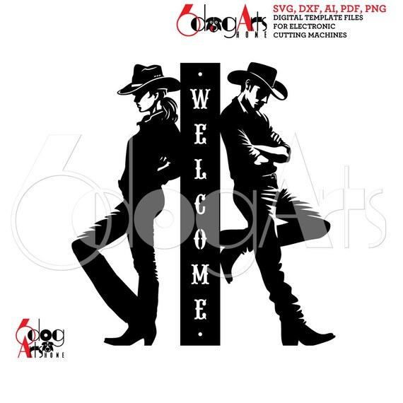 Cowboy & Cowgirl SVG Welcome Door Sign Digital Template Download