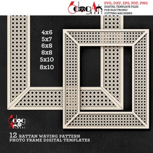 May include: Twelve digital templates for photo frames with a rattan weaving pattern. The templates are available in six sizes: 4x6, 5x7, 6x8, 8x8, 5x10, and 8x10 inches.