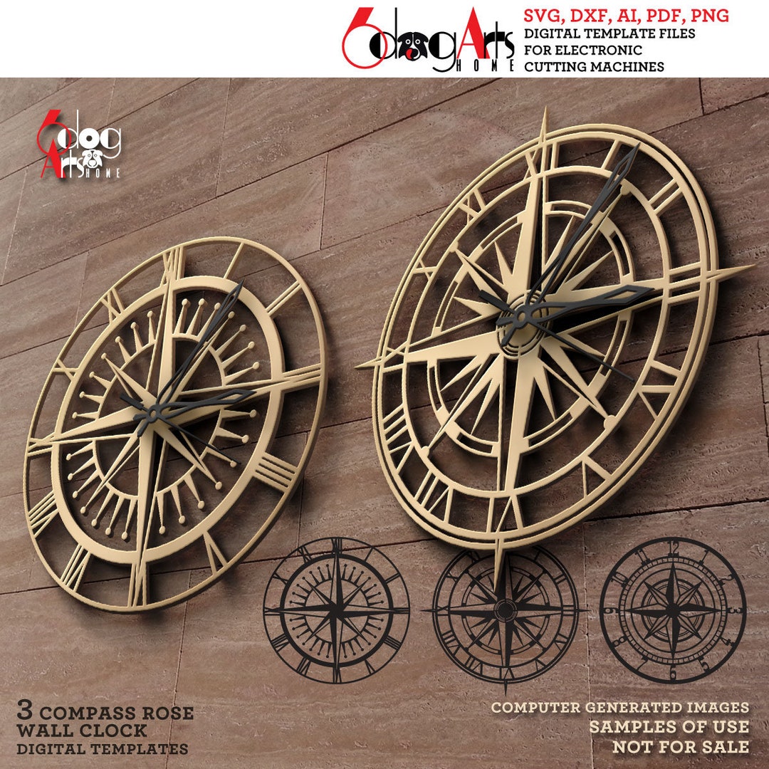 3x Compass Rose Wall Clock SVG DXF Templates Digital Vector Files ...