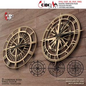May include: Two gold-coloured compass rose wall clocks with black clock hands and Roman numeral hour markers. The image also shows three black compass rose designs. Text on the image reads "3 Compass Rose Wall Clock Digital Templates."