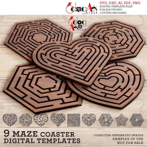 May include: Wooden maze coasters in various shapes, including hearts and hexagons. The coasters feature intricate maze designs. The image also displays a selection of digital templates with the text "9 MAZE COASTER DIGITAL TEMPLATES".