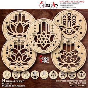 May include: Nine digital templates for laser cutting coasters featuring a hamsa hand design with a lotus flower. The designs are in a light wood color with black outlines. The text "9 HAMSA HAND COASTER DIGITAL TEMPLATES" is at the bottom of the image. The text "COMPUTER GENERATED IMAGES SAMPLE OF USE NOT FOR SALE" is at the bottom of the image.