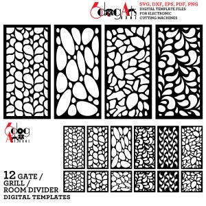 Puede incluir: Doce plantillas digitales para una puerta, una parrilla o un divisor de habitación. Las plantillas presentan una variedad de diseños geométricos, incluyendo círculos, óvalos y espirales. Los diseños son en blanco y negro y son adecuados para su uso con máquinas de corte electrónicas.